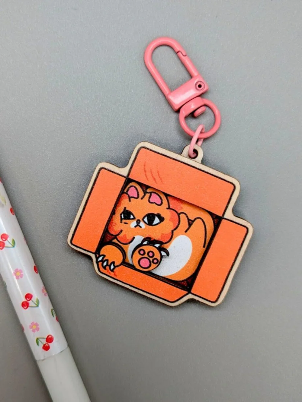 Orange Cat in Cardboard Box 3D Wooden Keychain